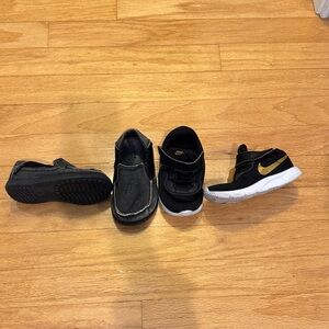 Lot of Croc and Nike Kids Black Sneakers with Gold Swoosh